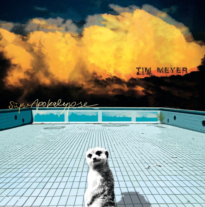 Album-Cover: Tim Meyer – Süße Apokalypse (Erdmännchen auf gekacheltem Dach unter gelb-schwarzem Gewitterhimmel)